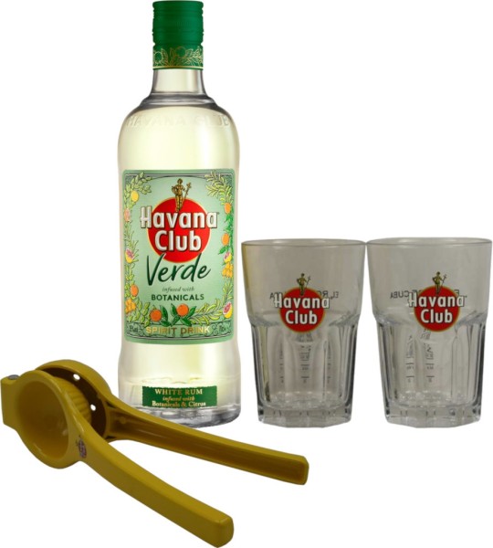 Havana Club Verde 0,7 Liter mit 2 Cocktailgläsern und einer Limettenpresse