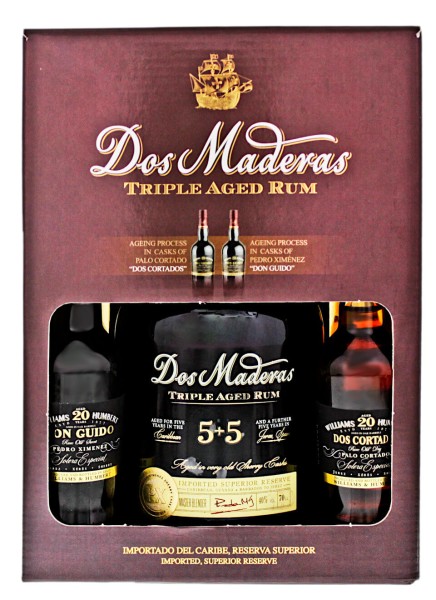 Dos Maderas PX Triple Aged 5+5 Jahre Rum mit zwei W&amp;H Sherry Kleinflaschen 0,9 Liter