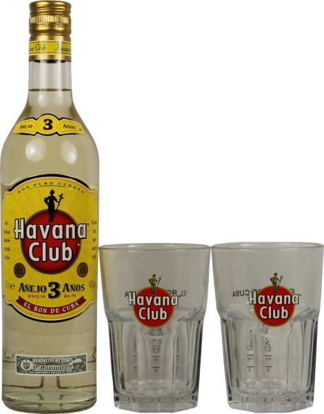 Havana Club 3 Jahre 1 Liter mit 2 Cocktailgläsern
